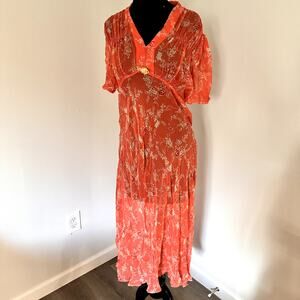Signature by Robbie Bee Orange Dress Floral Sheer Bohemian Maxi Size 12 VINTAGE